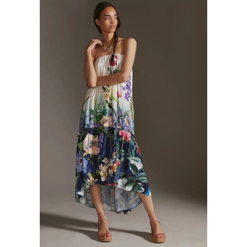 NWT Anthropologie Floral Strapless High Low Maxi Dress S white Multi Tiered Boho